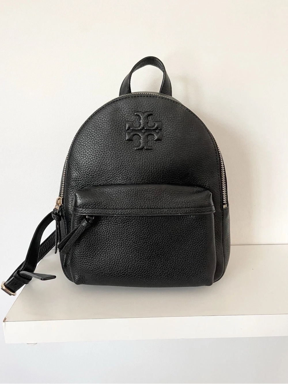 Tory Burch Navy Blue Pebbled Leather Backpack with Logo
